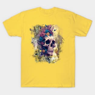 Flower Skull with Colorful Grunge Distressed Background! T-Shirt